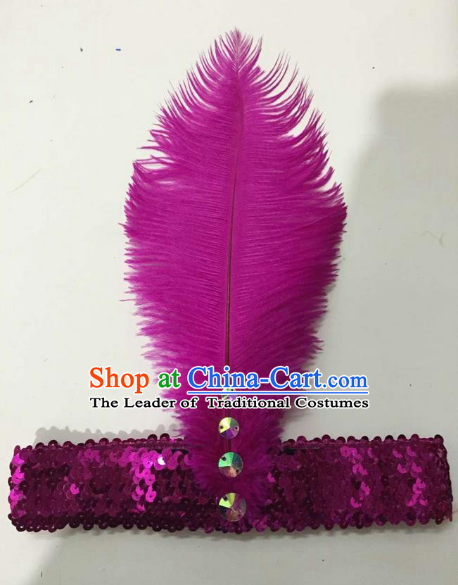 Top Grade Brazilian Rio Carnival Samba Dance Rosy Feather Hair Accessories Headpiece, Halloween Parade Crystal Headwear for Women