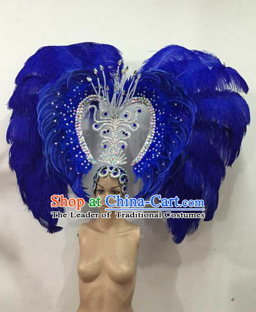 Top Grade Brazilian Rio Carnival Samba Dance Blue Feather Big Hair Accessories Deluxe Headpiece, Halloween Parade Giant Headwear for Women