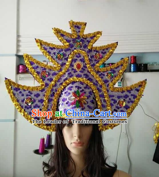 Top Grade Brazilian Rio Carnival Samba Dance Purple Hair Accessories Headpiece, Halloween Parade Headwear for Women