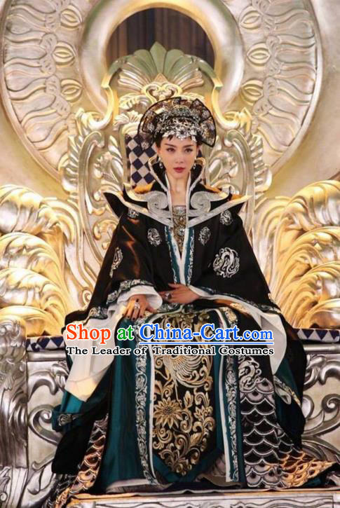 Traditional Ancient Chinese Tang Dynasty Imperial Empress Costume and Handmade Headpiece Complete Set, Fighter of the Destiny Queen Embroidered Phoenix Clothing