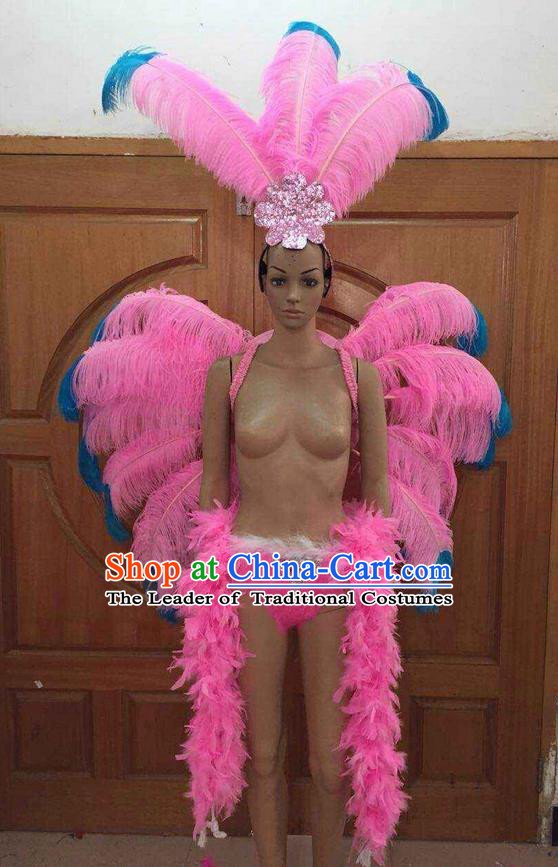Top Grade Professional Performance Catwalks Costume Pink Feather Bikini with Wings, Traditional Brazilian Rio Carnival Samba Dance Clothing and Headpiece for Women