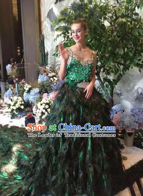 Top Grade Professional Performance Catwalks Costume Feather Full Dress, Traditional Brazilian Rio Carnival Samba Dance Peacock Trailing Clothing for Women