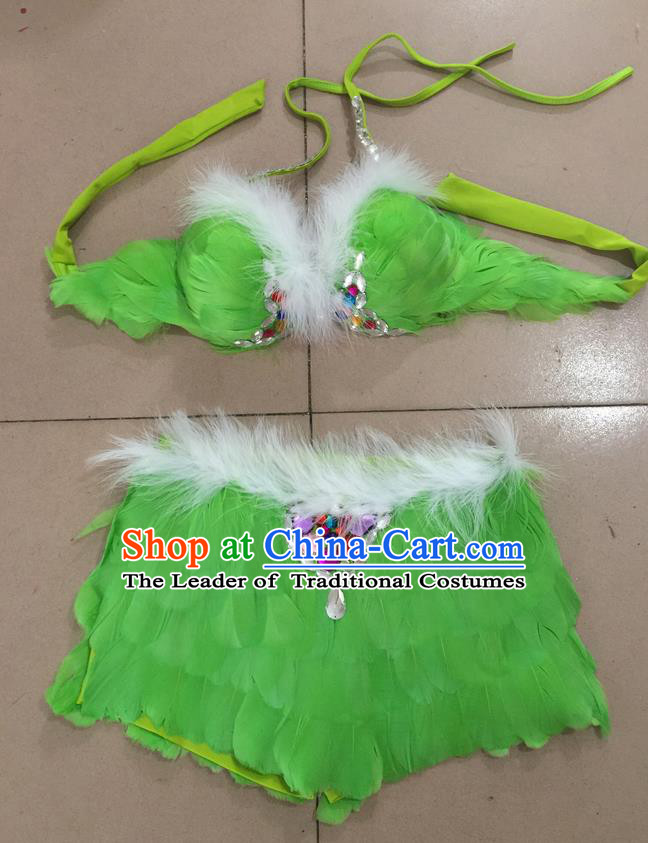 Top Grade Professional Performance Catwalks Costume Green Feather Bikini, Traditional Brazilian Rio Carnival Samba Dance Modern Fancywork Swimsuit for Women