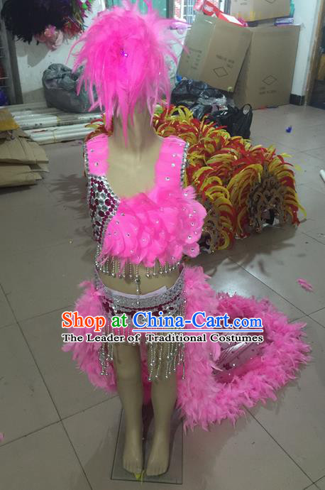 Top Grade Professional Performance Catwalks Costume Pink Feather Bikini, Traditional Brazilian Rio Carnival Samba Dance Swimsuit Clothing and Headwear for Kids