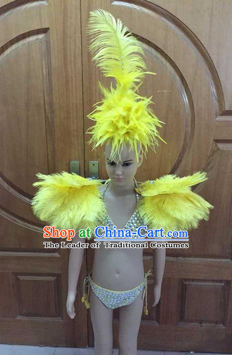 Top Grade Professional Performance Catwalks Costume Yellow Feather Bikini with Wings, Traditional Brazilian Rio Carnival Samba Dance Swimsuit Clothing and Headwear for Kids