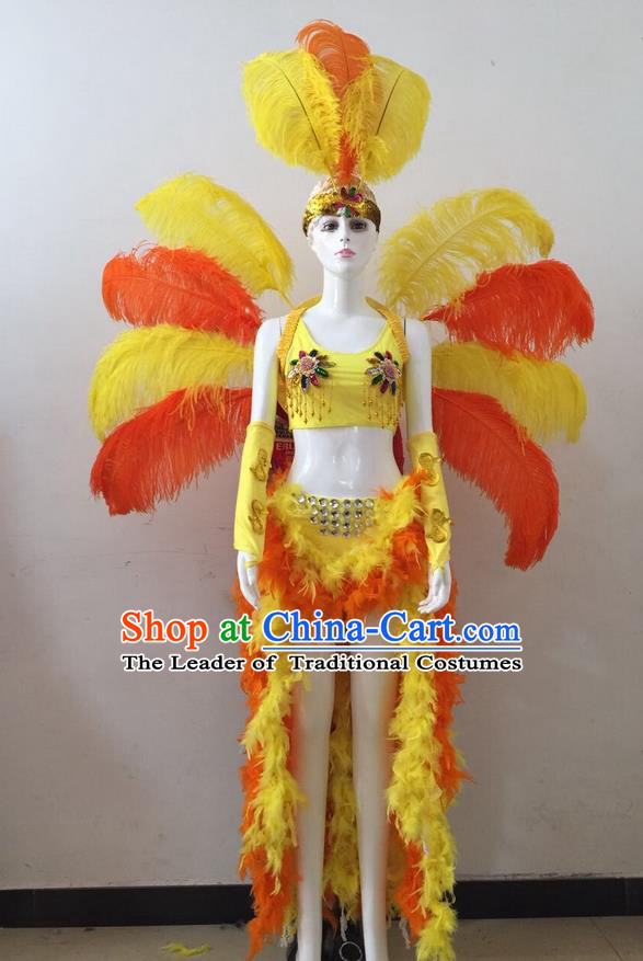 Top Grade Professional Performance Catwalks Yellow and Orange Feather Bikini and Headwear Wings, Brazilian Rio Carnival Samba Opening Dance Swimsuit Clothing for Women
