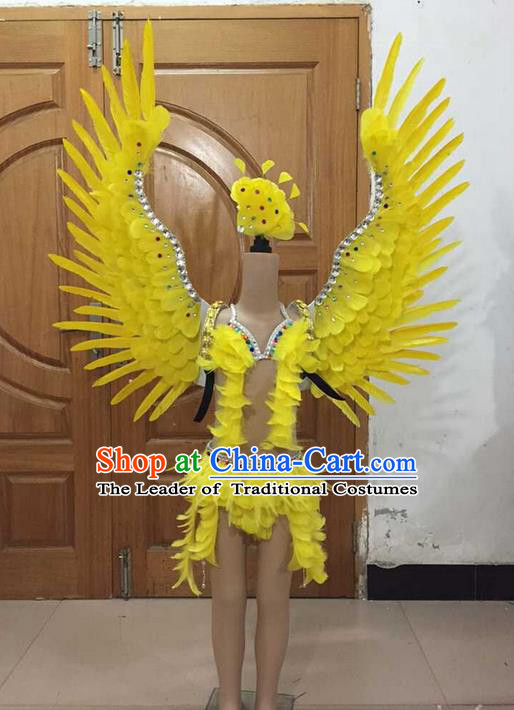 Top Grade Professional Performance Catwalks Bikini and Yellow Feathers Wings, Brazilian Rio Carnival Samba Opening Dance Swimsuit Clothing for Girls