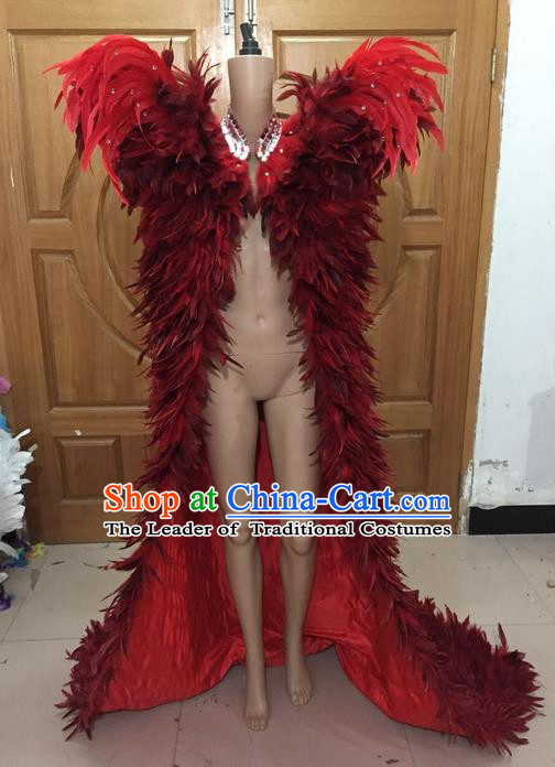 Top Grade Professional Performance Catwalks Feather Cape, Brazilian Rio Carnival Parade Samba Belly Dance Opening Dance Red Feather Cloak for Women