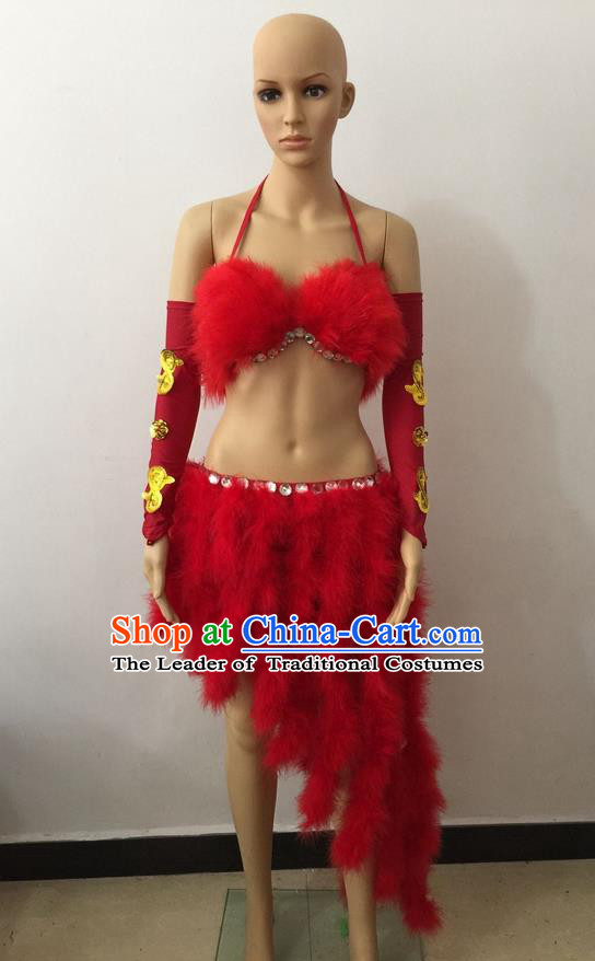 Top Grade Professional Performance Catwalks Costume Red Swimsuit, Brazilian Rio Carnival Parade Samba Belly Dance Opening Dance Bikini for Women