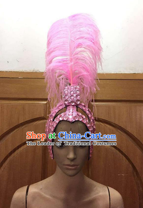 Top Grade Brazilian Rio Carnival Samba Dance Pink Feathers Hair Accessories Headpiece, Halloween Parade Feather Decorations Headwear for Women