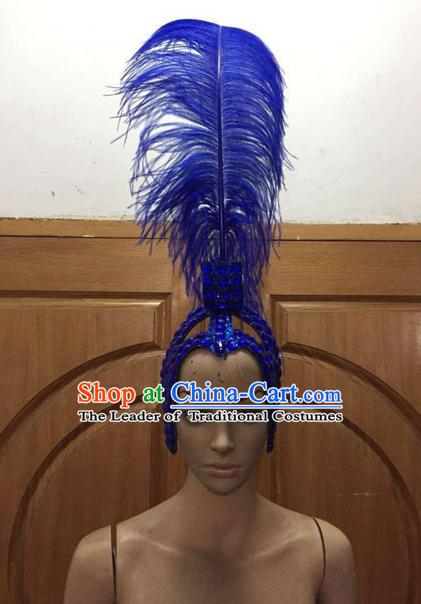 Top Grade Brazilian Rio Carnival Samba Dance Royalblue Feathers Hair Accessories Headpiece, Halloween Parade Feather Decorations Headwear for Women