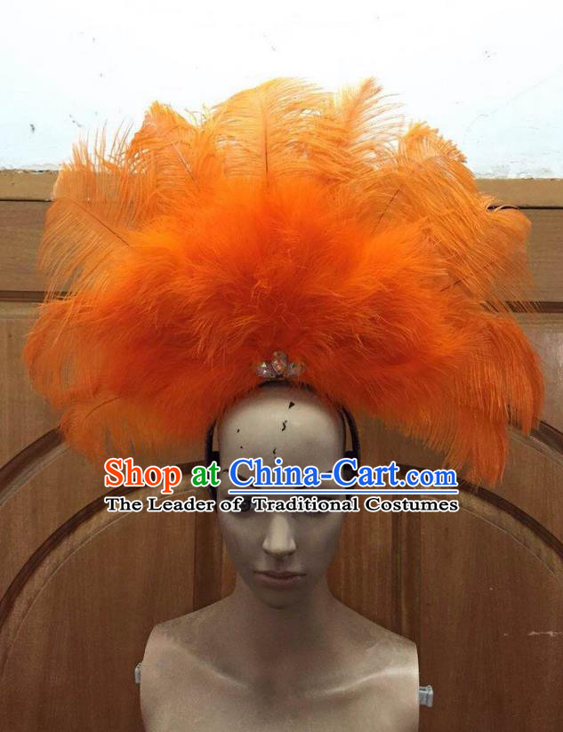 Top Grade Professional Performance Catwalks Orange Feathers Deluxe Hair Accessories, Brazilian Rio Carnival Parade Samba Dance Headdress for Women