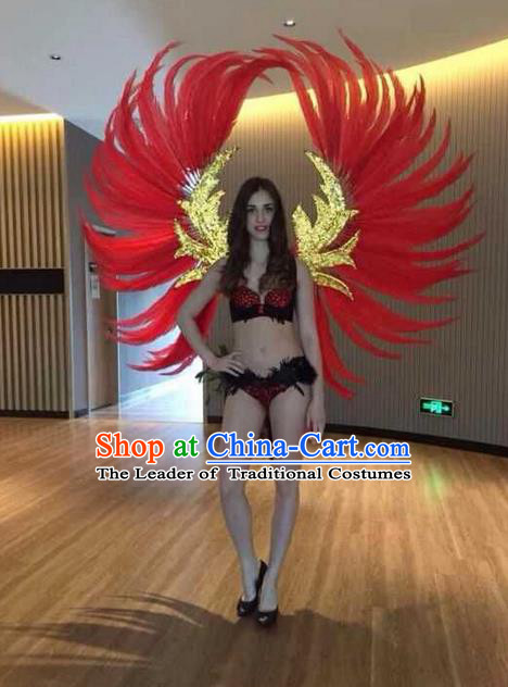Top Grade Professional Performance Catwalks Red Feathers Decorations Backplane, Brazilian Rio Carnival Parade Samba Dance Wings for Women
