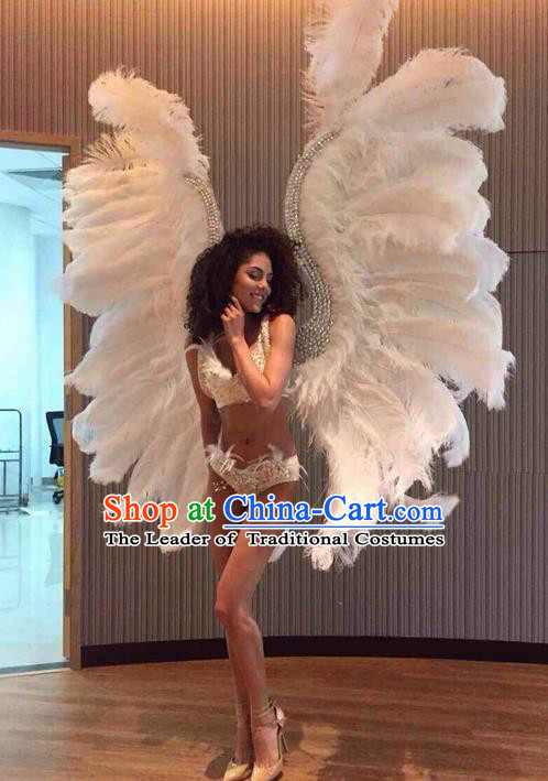 Top Grade Professional Performance Catwalks White Feathers Decorations Backplane, Brazilian Rio Carnival Parade Samba Dance Wings for Women