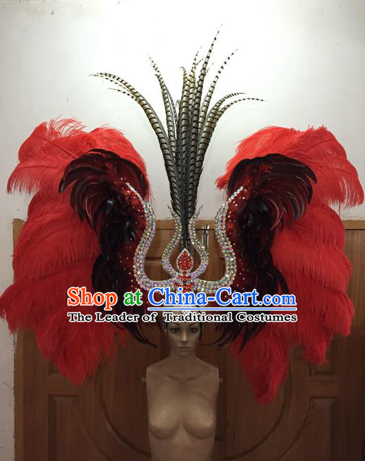 Top Grade Professional Performance Catwalks Red Feathers Big Hair Accessories, Brazilian Rio Carnival Parade Samba Dance Deluxe Headpiece for Women