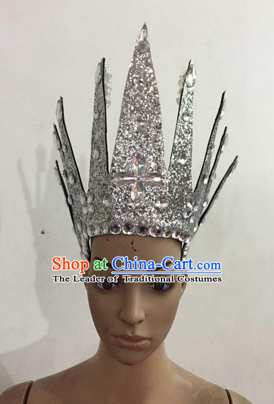 Top Grade Professional Performance Catwalks Hair Accessories, Brazilian Rio Carnival Parade Samba Dance White Crystal Crown Headwear for Women