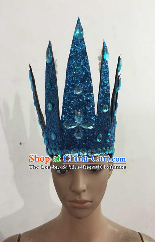Top Grade Professional Performance Catwalks Hair Accessories, Brazilian Rio Carnival Parade Samba Dance Blue Crystal Crown Headwear for Women