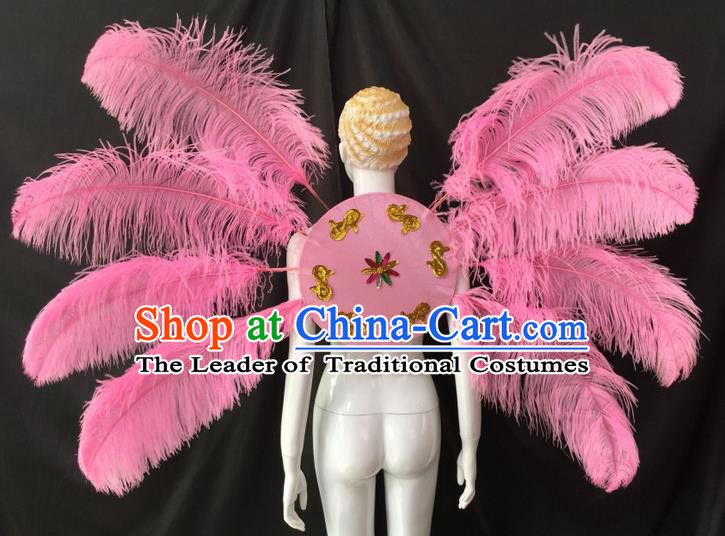 Top Grade Professional Performance Catwalks Pink Feathers Decorations Backplane, Brazilian Rio Carnival Parade Samba Dance Wings for Women
