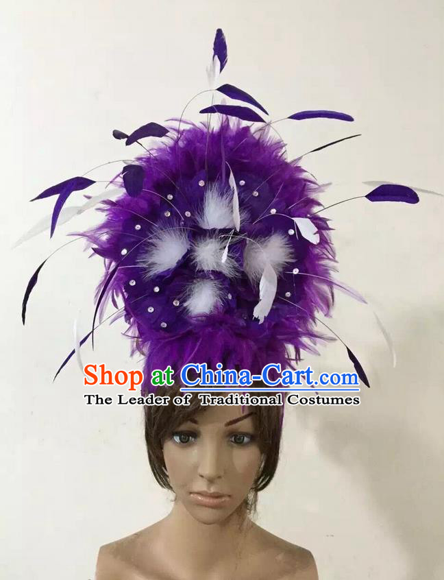 Top Grade Professional Performance Catwalks Purple Feather Hair Accessories, Brazilian Rio Carnival Parade Samba Dance Headpiece for Women