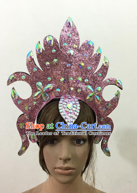 Top Grade Professional Performance Catwalks Queen Crystal Pink Crown Hair Accessories, Brazilian Rio Carnival Parade Samba Dance Headpiece for Women