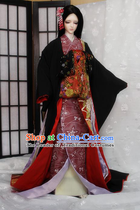 Top Grade Traditional Japan Kimono Costumes Complete Set, Ancient Japanese Kimono Cosplay Geisha Black Clothing for Adults and Kids