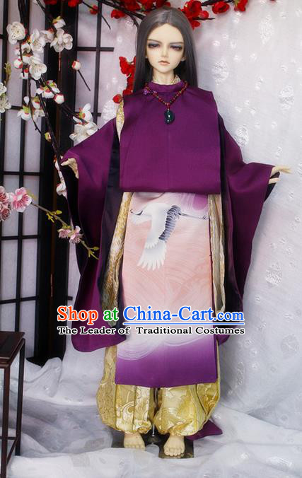 Top Grade Traditional Japan Crane Kimono Costumes Complete Set, Ancient Japanese Kimono Cosplay Purple Clothing for Adults and Kids