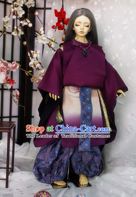 Top Grade Traditional Japan Crane Kimono Costumes Complete Set, Ancient Japanese Kimono Cosplay Purple Clothing for Men and Kids