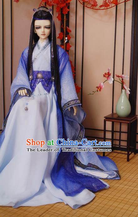 Top Grade Traditional China Ancient Cosplay Nobility Childe Costumes, China Ancient Han Dynasty Swordsman Knight-Errant Blue Robe Clothing for Men for Kids