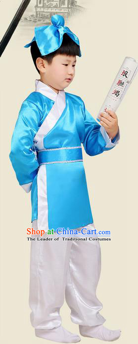 Top Grade Chinese Ancient Scholar Costume and Headwear Complete Set, Children Three Character Classic Performance Blue Clothing for Kids