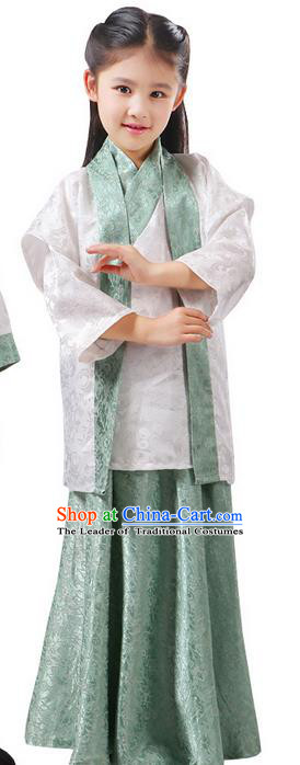 Top Grade Chinese Ancient Palace Princess Costume, Children Han Dynasty Hanfu Green Clothing for Kids