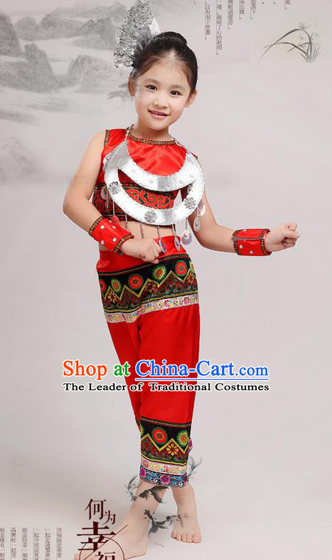 Top Grade Chinese Miao Nationality Little Girls Costume, Children Hmong Dance Red Clothing for Kids