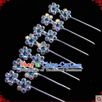 Chinese Ancient Peking Opera Head Accessories Young Lady Diva Colorful Crystal Headwear Wintersweet Blue Hairpins Complete Set, Traditional Chinese Beijing Opera Hua Tan Head-ornaments