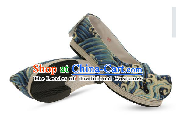 Chinese Ancient Peking Opera Young Lady Shoes, Traditional Chinese Beijing Opera Ancient Princess Hanfu Cloth Shoes Blue Bow Shoes for Women
