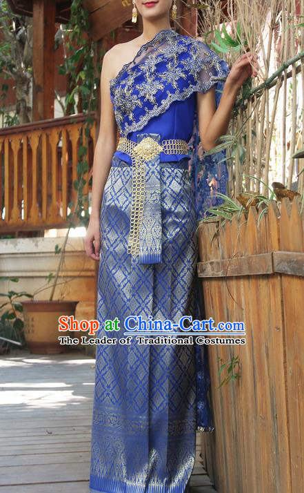 Traditional Thailand Ancient Handmade Costumes, Traditional Thai China Dai Nationality Bride Wedding Blue Dress Clothing for Women