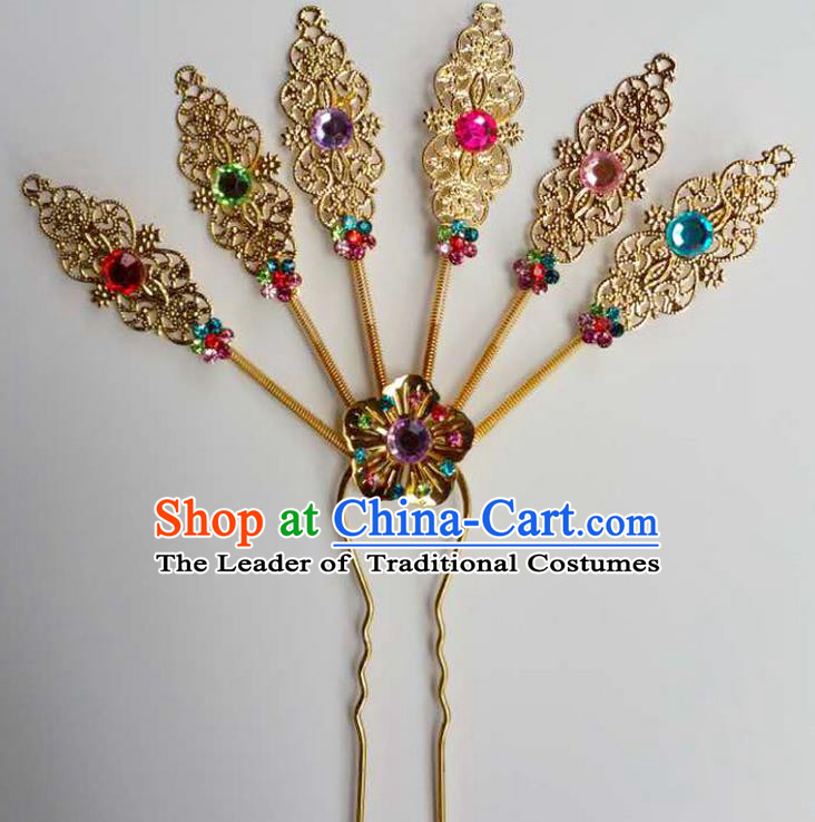 Traditional Thailand Ancient Handmade Hair Accessories Headpiece, Traditional Thai China Dai Nationality Colorful Crystal Hairpins Headwear for Women