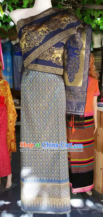 Traditional Thailand Ancient Handmade Young Lady Wedding Costumes, Traditional Thai China Dai Nationality Blue Dress Clothing for Women