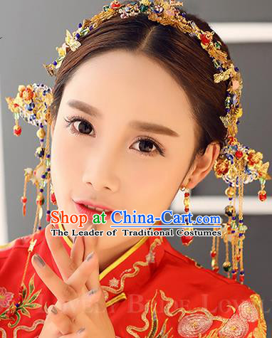 Top Grade Chinese Handmade Wedding Jade Hair Accessories and Earrings, Traditional China Xiuhe Suit Phoenix Coronet Bride Headwear Hairpins Complete Set for Women