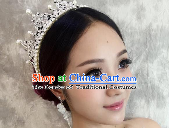 Top Grade Handmade Wedding Bride Hair Accessories Crown, Traditional Baroque Queen Pearl Crystal Royal Crown Wedding Headpiece for Women