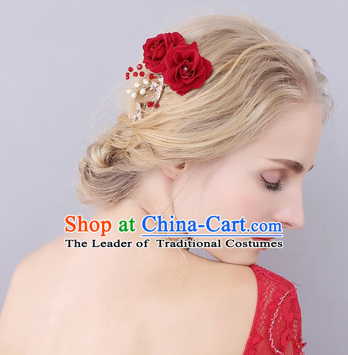 Top Grade Handmade Wedding Bride Hair Accessories Double Red Rose Hair Stick, Traditional Princess Wedding Headwear Hairpins for Women