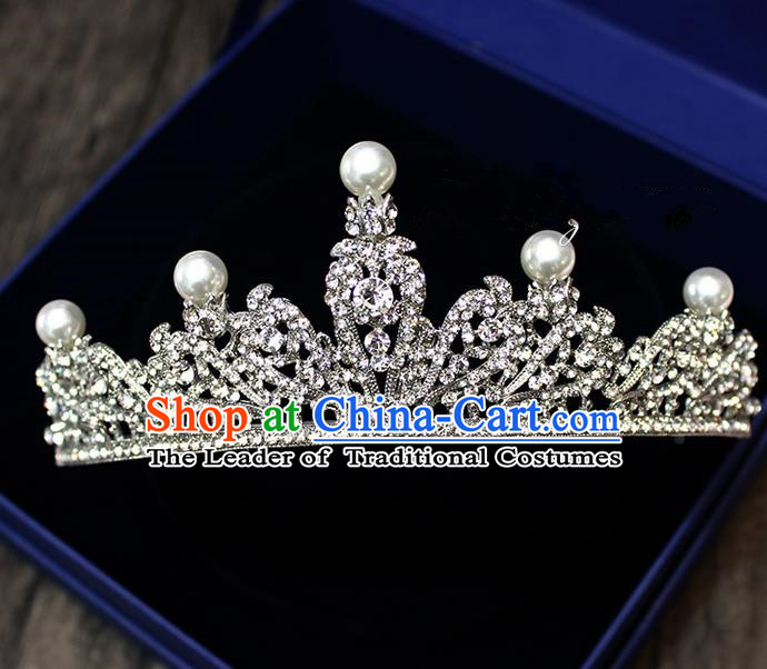 Top Grade Handmade Wedding Bride Hair Accessories Headwear, Traditional Princess Baroque Crystal Pearl Royal Crown Wedding Headpiece for Women