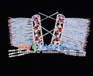 Chinese Ancient Peking Opera Head Accessories Young Lady Diva Red Crystal Tassel Hairpins Temples Curtain, Traditional Chinese Beijing Opera Hua Tan Hair Clasp Head-ornaments