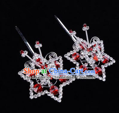 Chinese Ancient Peking Opera Head Accessories Diva Red Crystal Hexagonal Hairpins, Traditional Chinese Beijing Opera Princess Hua Tan Hair Clasp Head-ornaments