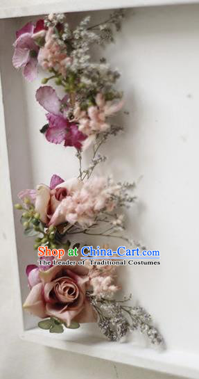 Top Grade Handmade Wedding Bride Hair Accessories, Traditional Princess Pink Flowers Hair Clasp Headpiece for Women