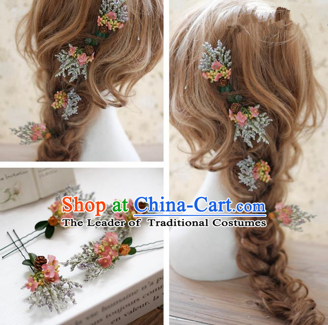 Top Grade Handmade Wedding Bride Hair Accessories Hairpins Complete Set, Traditional Princess Pink Flowers Wedding Headwear for Women