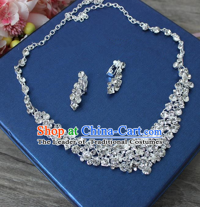 Top Grade Handmade Wedding Bride Accessories CZ Diamond Necklace and Long Earrings Complete Set, Traditional Princess Crystal Wedding Jewelry for Women