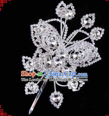 Chinese Ancient Peking Opera Head Accessories Diva Crystal Butterfly Hairpins White Step Shake, Traditional Chinese Beijing Opera Princess Hua Tan Hair Clasp Head-ornaments