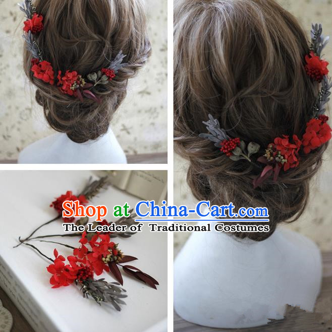 Top Grade Handmade Wedding Bride Hair Accessories Red Flowers Hairpin Complete Set, Traditional Princess Baroque Headpiece for Women