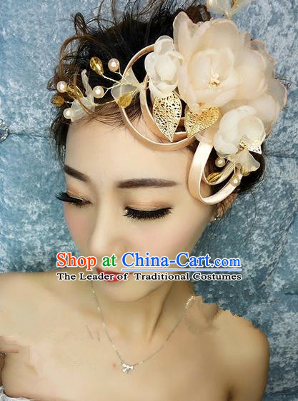 Top Grade Handmade Wedding Bride Hair Accessories Champagne Flower Hairpin Hair Clip, Traditional Princess Baroque Pearl Headpiece for Women