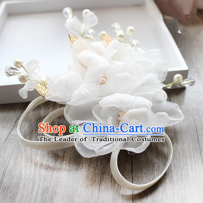 Top Grade Handmade Wedding Bride Hair Accessories White Flower Hairpin Hair Clip, Traditional Princess Baroque Pearl Headpiece for Women
