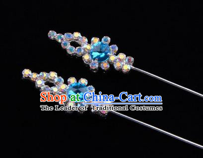 Chinese Ancient Peking Opera Head Accessories Diva Colorful Blue Crystal Hairpins, Traditional Chinese Beijing Opera Princess Hua Tan Hair Clasp Head-ornaments GuDuo Needle